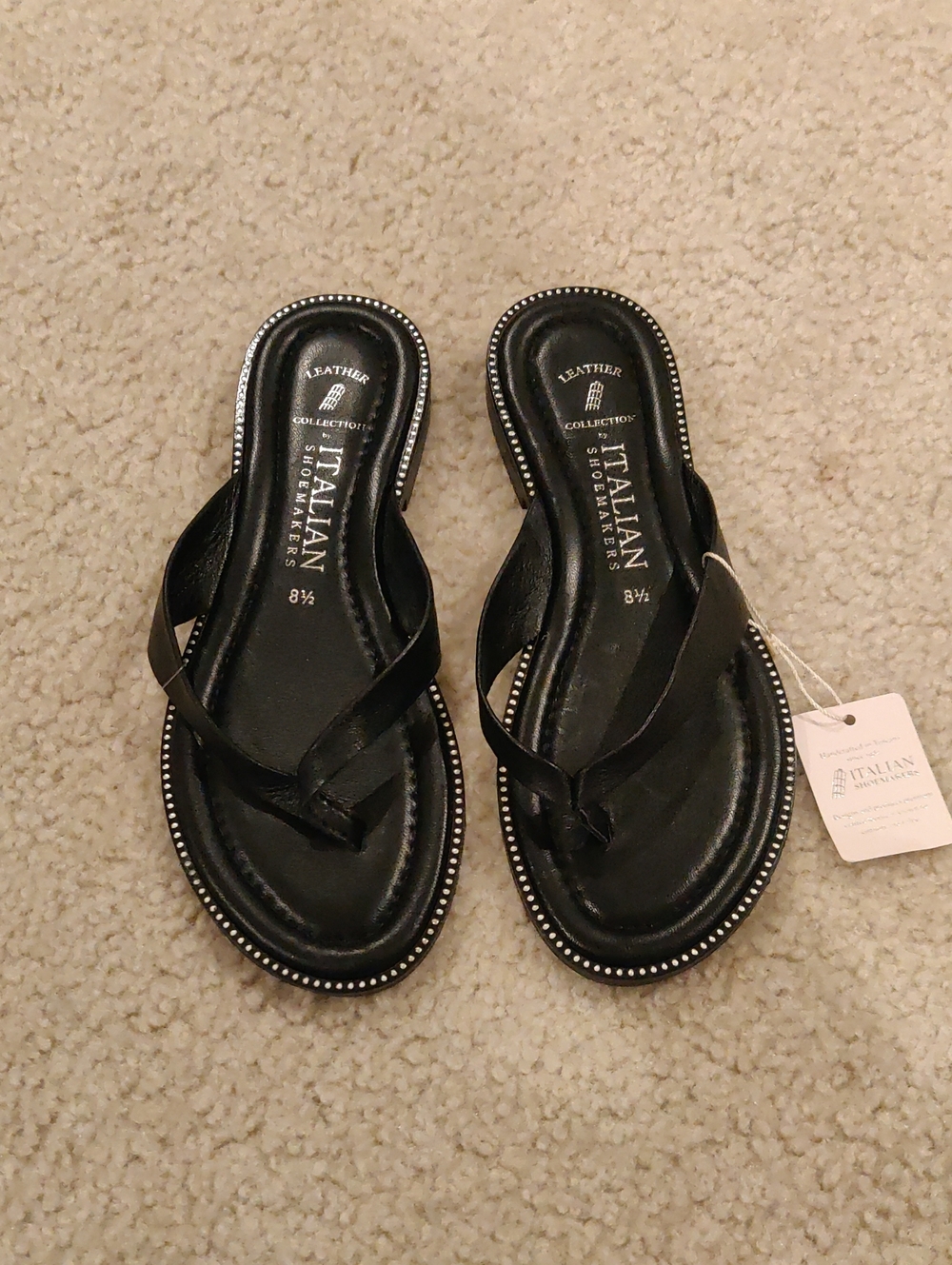 New!Italian Shoemakers Black Leather Stud-Trim Thong Sandals Y2K Cottagecore